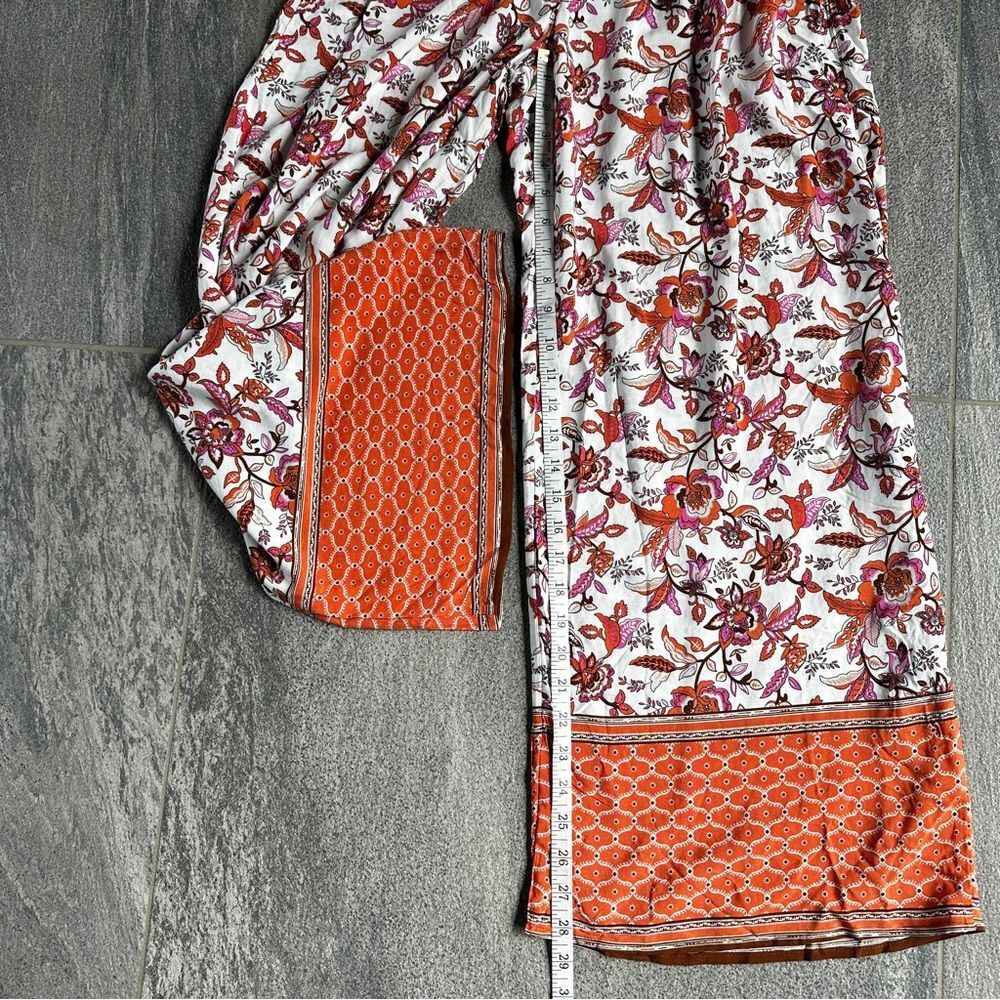 NWT Wide-Leg Pull-on Elastic Waist Flowy Boho Pants Pockets Orange Pink Floral S - Picture 15 of 16